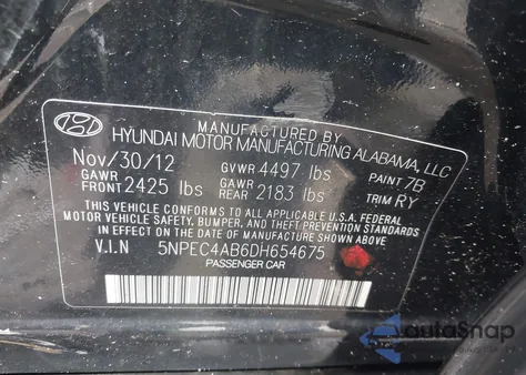 2013 Hyundai Sonata Se 2.0T из США, поврежденный, VIN 5NPEC4AB6DH654675